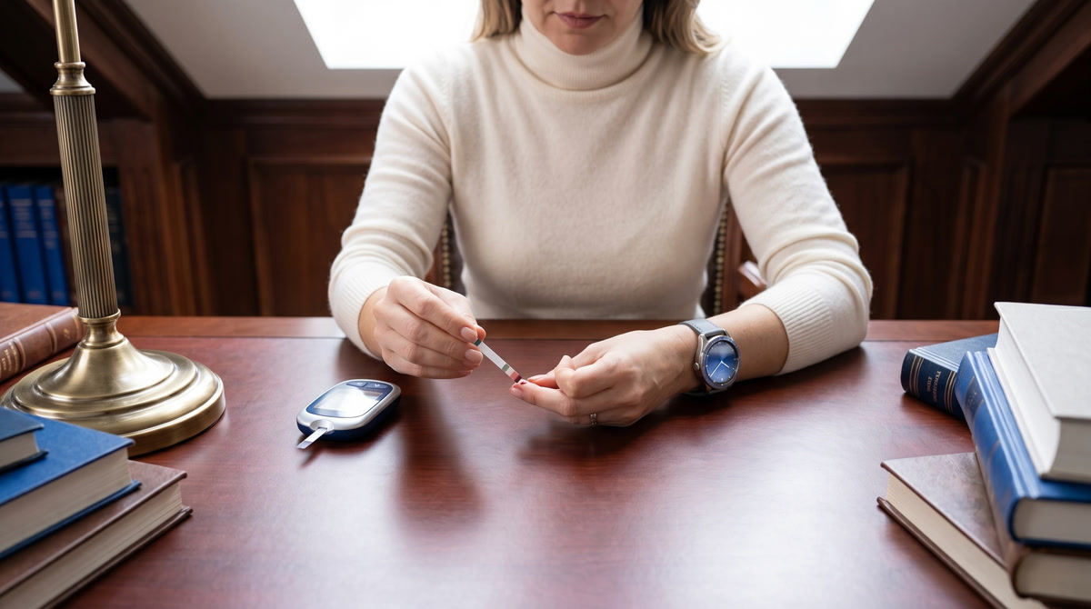 Patient hands writing in a health journal for symptom tracking with a cup of tea nearby